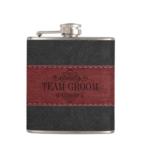 Team Groom Black  Red Leather  Flask