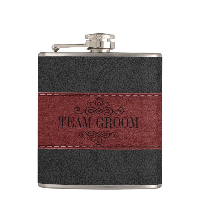 Team Groom Black & Red Leather  Flask (Front)
