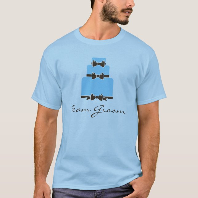 TEAM GROOM Blue and Brown Wedding Cake T-Shirt (Front)