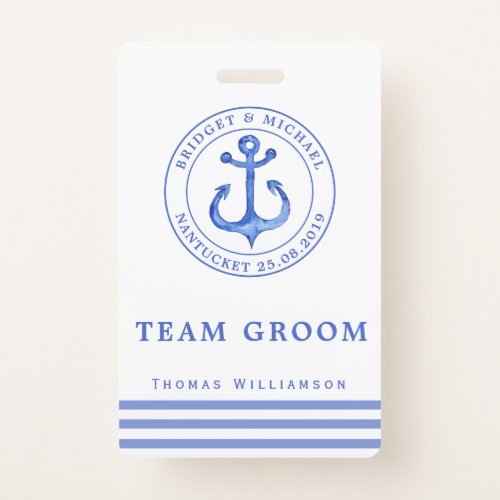 Team Groom  Blue Nautical Anchor  Wedding Badge