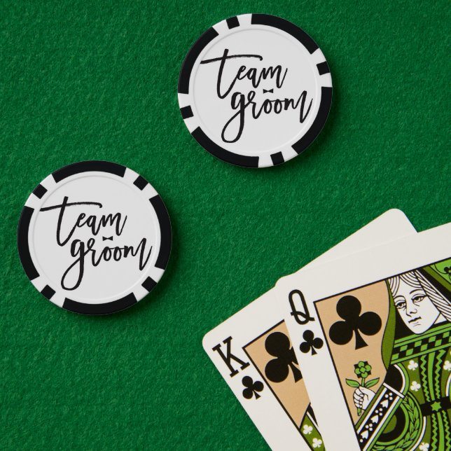 Black and white custom poker chips with team groom text and bow tie motif.