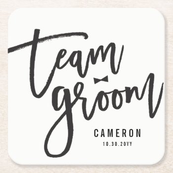 Team Groom Bow Tie Bachelor Party Wedding Custom Square Paper Coaster by fatfatin_blue_knot at Zazzle