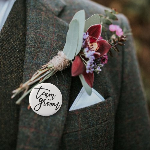 Team Groom Brush Script Bow Tie Chic Wedding Party Pinback Button