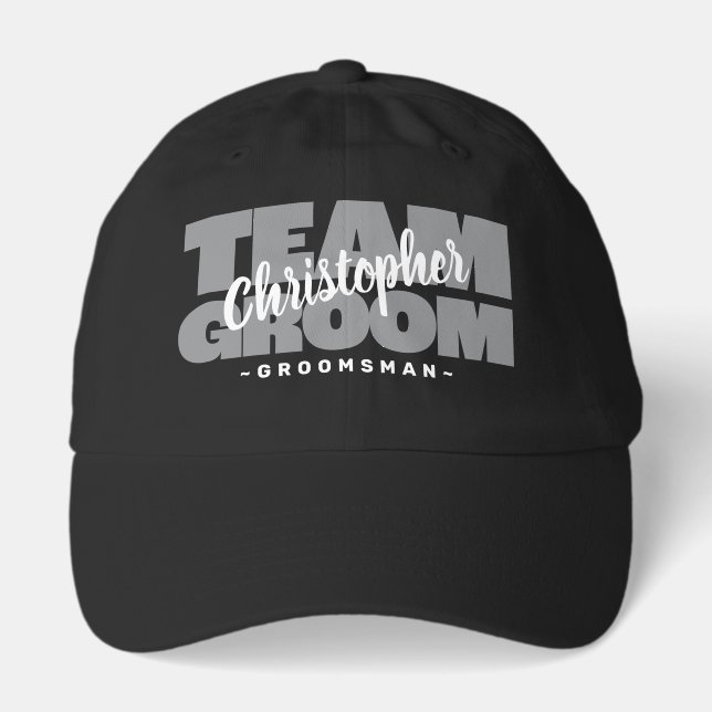 Team Groom Custom Gray Script Bachelor Bold Dad Hat (Front)