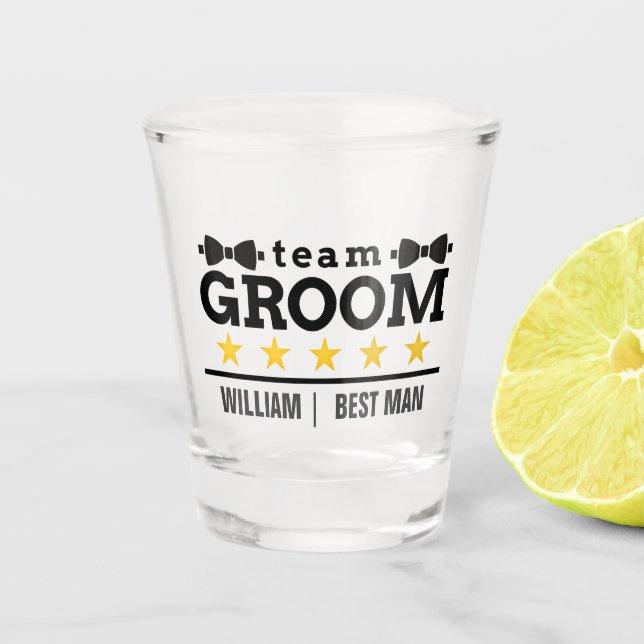 Team Groom | Groomsman | Bachelor | Black White Shot Glass (Front)