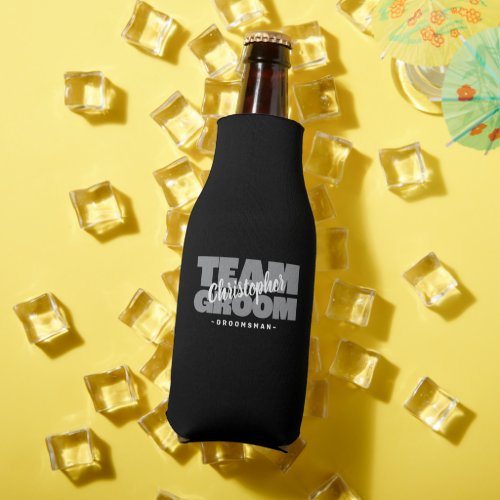 Team Groom Groomsman Name Wedding Party Black Beer Bottle Cooler