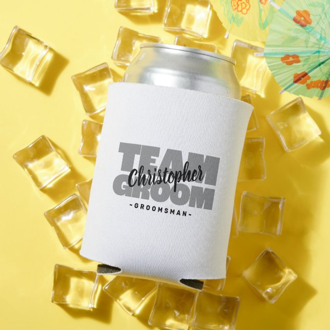 Team Groom Groomsmans Name Wedding Gray Black Can Cooler (In Situ Summer)