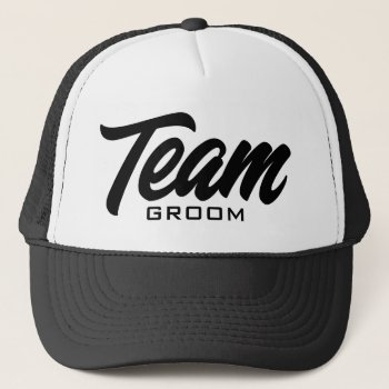 Team Groom Script Typography Wedding Party Trucker Hat by logotees at Zazzle