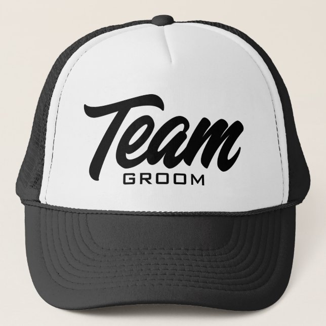 Team Groom script typography wedding party Trucker Hat (Front)