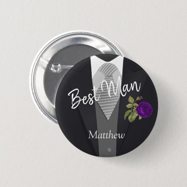 Team Groom Tuxedo Suit - Purple Rose Button (Front & Back)