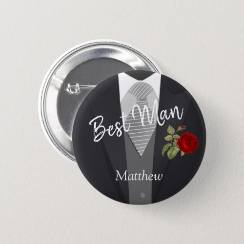 Team Groom Tuxedo Suit  _ Red Rose Pinback Button