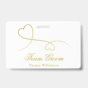 Team Groom   Two Gold Hearts Wedding Badge