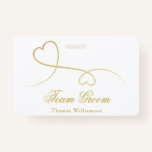 Team Groom   Two Gold Hearts Wedding Badge