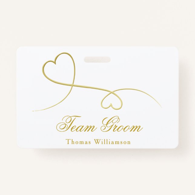 Team Groom | Two Gold Hearts Wedding Badge (Front)