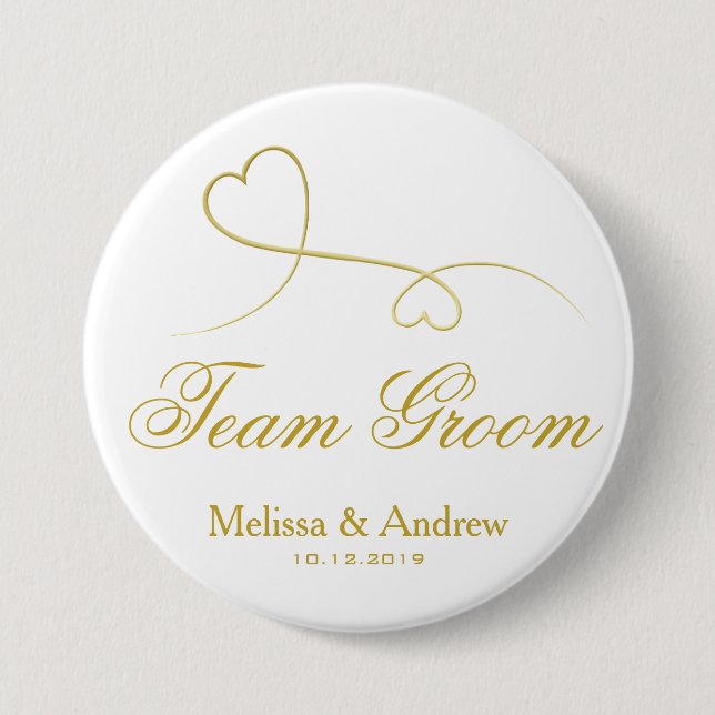 Team Groom | Two Gold Hearts Wedding Button (Front)