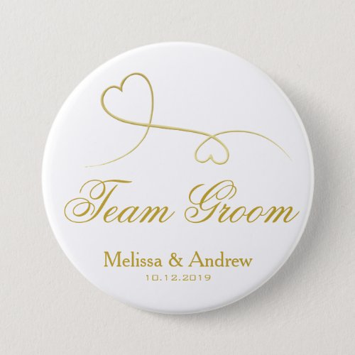 Team Groom  Two Gold Hearts Wedding Button