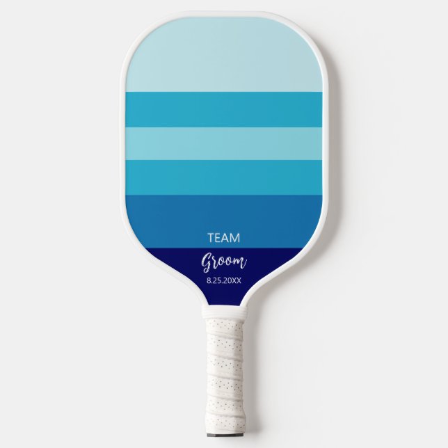 Team Groom Wedding Party Blue Stripe Personalized  Pickleball Paddle (Front)