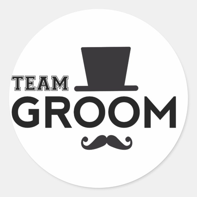Team Groom with hat and mustache Classic Round Sticker (Front)
