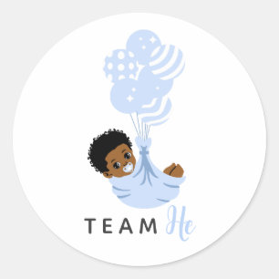 Team He African American Blue Balloon Baby Boy Classic Round Sticker