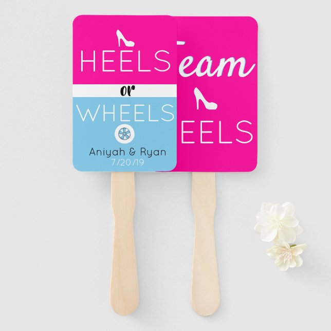 Team Heels|Pink & Blue Gender Reveal Baby Shower Hand Fan (Front and Back)