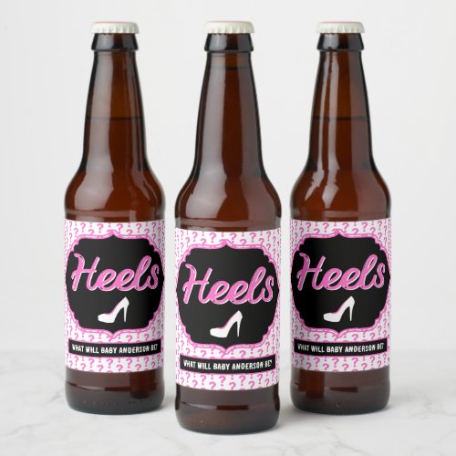 Team Heels Pink Gender Reveal Baby Shower Beer Bottle Label