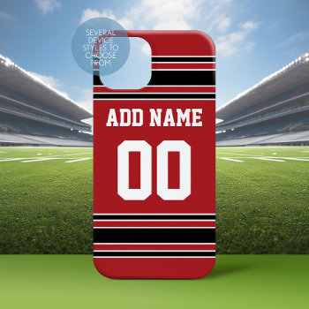 Team Jersey Red Black Custom Name Number Iphone 15 Plus Case by MyRazzleDazzle at Zazzle