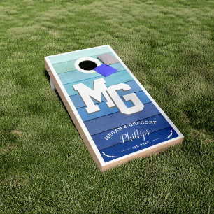 Team Matrimony Monogram Beach Wood Blue Cornhole Set