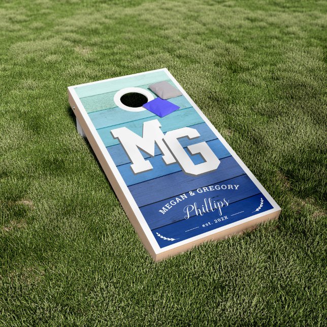 Team Matrimony | Monogram Beach Wood Blue Cornhole Set (Creator Uploaded)
