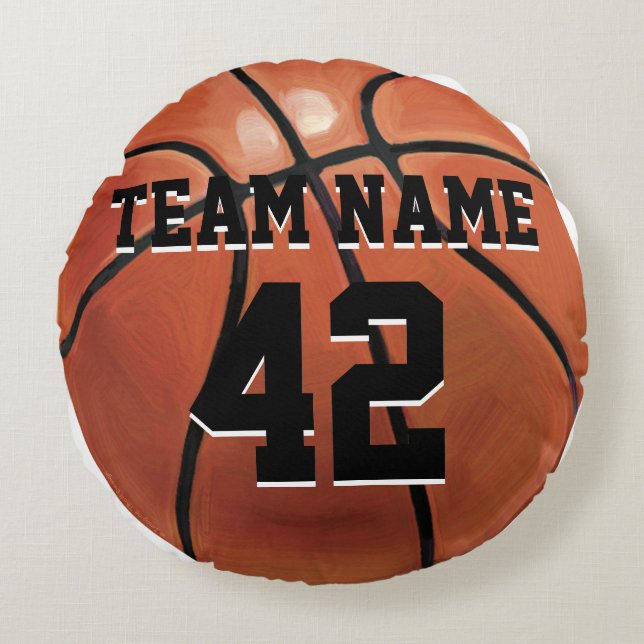 Team Name and Number Basketball Round Pillow (Front)
