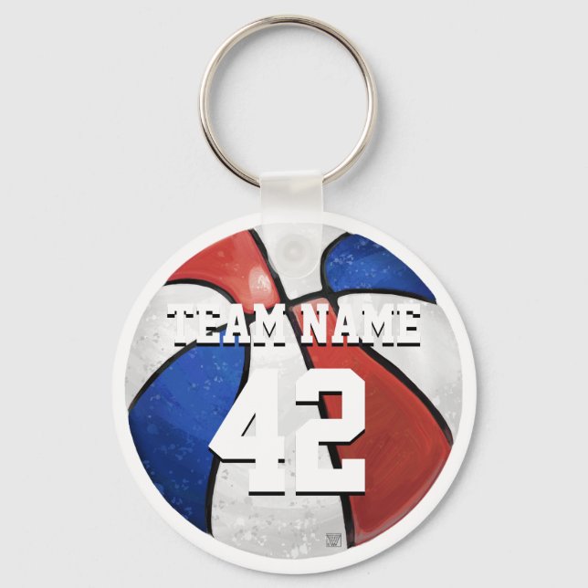 Team Name and Number Red White Blue Basketball Keychain (Front)