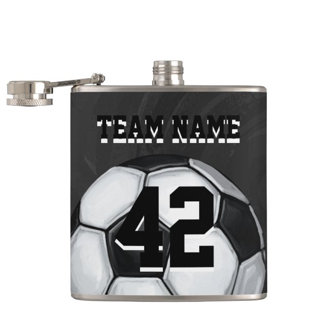 Team Name and Number Soccer Ball Hip Flask (Opened)