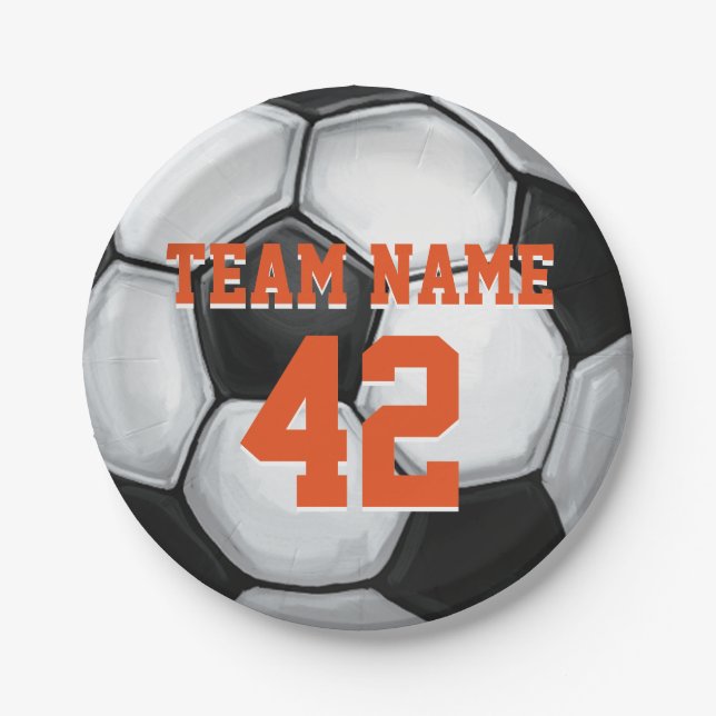 Team Name and Number Soccer Ball Paper Plates (Front)