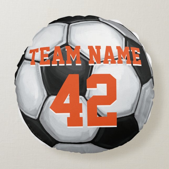 Team Name and Number Soccer Ball Round Pillow (Front)
