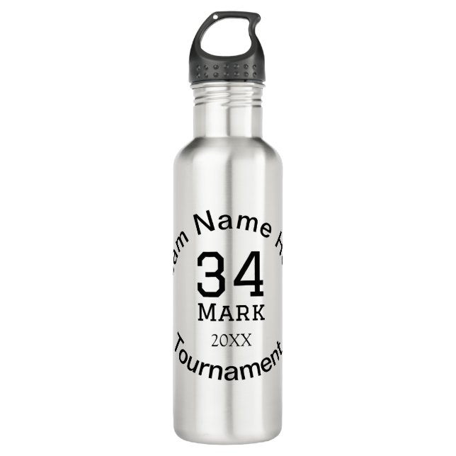 Team name here add name tournament year text stainless steel water bottle (Front)