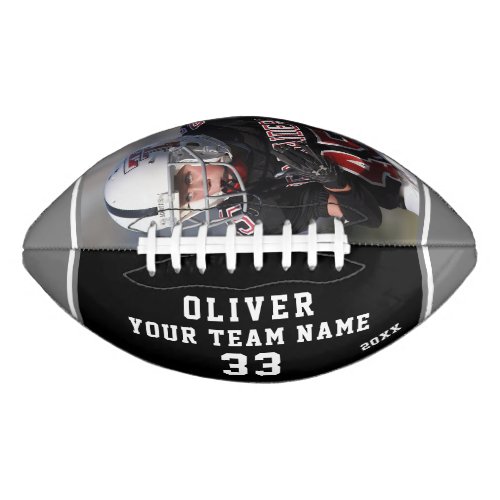 Team Name Player Number Black Grey Stripe Photo Football - Custom Team Name Player Number Black Grey Stripe Photo Football. Modern sporty custom football with your name, team name your number and year on one panel and a custom photo on the second panel - add your text and photo. Sporty design with black and grey stripes. You can change any text on the football or erase it. A perfect gift for a football player, teammate, coach. Great keepsake to remember your favorite sport.