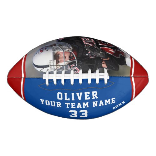 Team Name Player Number Blue Red Stripe Photo Football - Custom Team Name Player Number Blue Red Stripe Photo Football. Modern sporty custom football with your name, team name your number and year on one panel and a custom photo on the second panel - add your text and photo. Sporty design with blue and red stripes. You can change any text on the football or erase it. A perfect gift for a football player, teammate, coach. Great keepsake to remember your favorite sport.