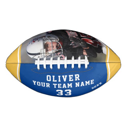 Team Name Player Number Blue Yellow Stripe Photo Football - Custom Team Name Player Number Blue Yellow Stripe Photo Football. Modern sporty custom football with your name, team name your number and year on one panel and a custom photo on the second panel - add your text and photo. Sporty design with blue and yellow stripes. You can change any text on the football or erase it. A perfect gift for a football player, teammate, coach. Great keepsake to remember your favorite sport.