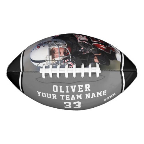 Team Name Player Number Grey Black Stripe Photo Football - Custom Team Name Player Number Grey Black Stripe Photo Football. Modern sporty custom football with your name, team name your number and year on one panel and a custom photo on the second panel - add your text and photo. Sporty design with grey and black stripes. You can change any text on the football or erase it. A perfect gift for a football player, teammate, coach. Great keepsake to remember your favorite sport.