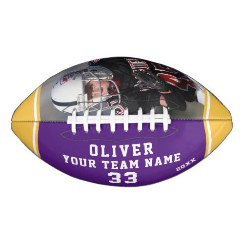 Team Name Player Number Purple Yellow Stripe Photo Football - Custom Team Name Player Number Purple Yellow Stripe Photo Football. Modern sporty custom football with your name, team name your number and year on one panel and a custom photo on the second panel - add your text and photo. Sporty design with purple and yellow stripes. You can change any text on the football or erase it. A perfect gift for a football player, teammate, coach. Great keepsake to remember your favorite sport.