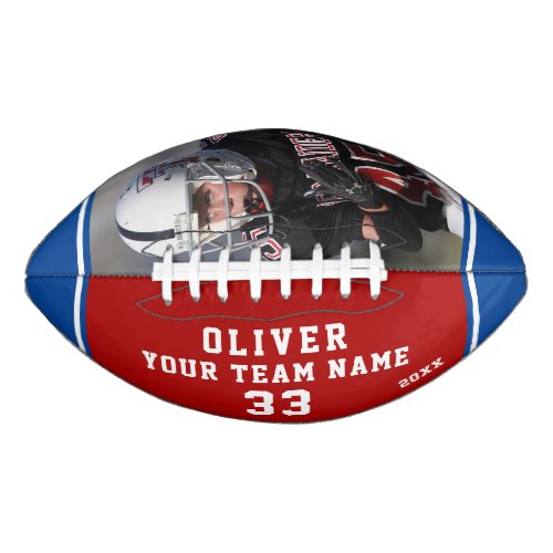 Team Name Player Number Red Blue Stripe Photo Football - Custom Team Name Player Number Red Blue Stripe Photo Football. Modern sporty custom football with your name, team name your number and year on one panel and a custom photo on the second panel - add your text and photo. Sporty design with blue and red stripes. You can change any text on the football or erase it. A perfect gift for a football player, teammate, coach. Great keepsake to remember your favorite sport.