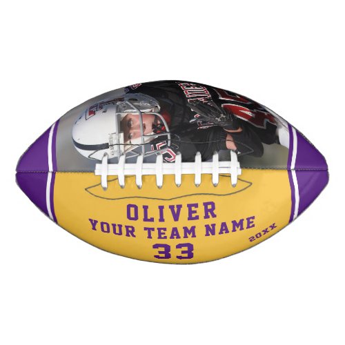 Team Name Player Number Yellow Purple Stripe Photo Football - Custom Team Name Player Number Yellow Purple Stripe Photo Football. Modern sporty custom football with your name, team name your number and year on one panel and a custom photo on the second panel - add your text and photo. Sporty design with yellow and purple stripes. You can change any text on the football or erase it. A perfect gift for a football player, teammate, coach. Great keepsake to remember your favorite sport.