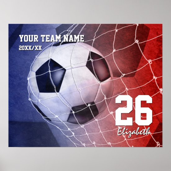 Team name red white blue girls' soccer ball goal poster