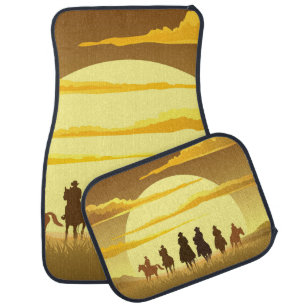 Team of cowboys silhouette galloping against a sun car floor mat