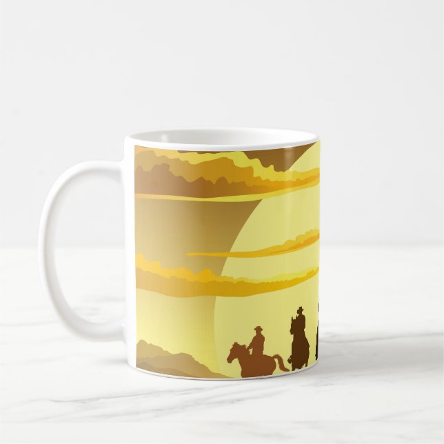Team of cowboys silhouette galloping against a sun coffee mug (Left)