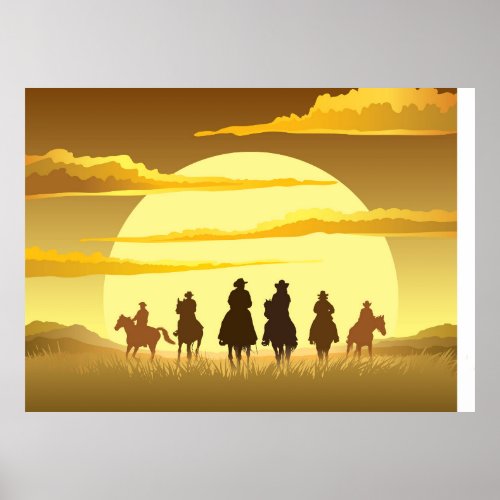 Team of cowboys silhouette galloping against a sun poster