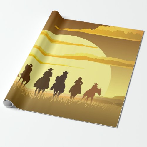 Team of cowboys silhouette galloping against a sun wrapping paper