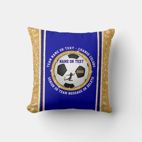 Team or Senior Gift Ideas for Soccer Blue and Gold Throw Pillow