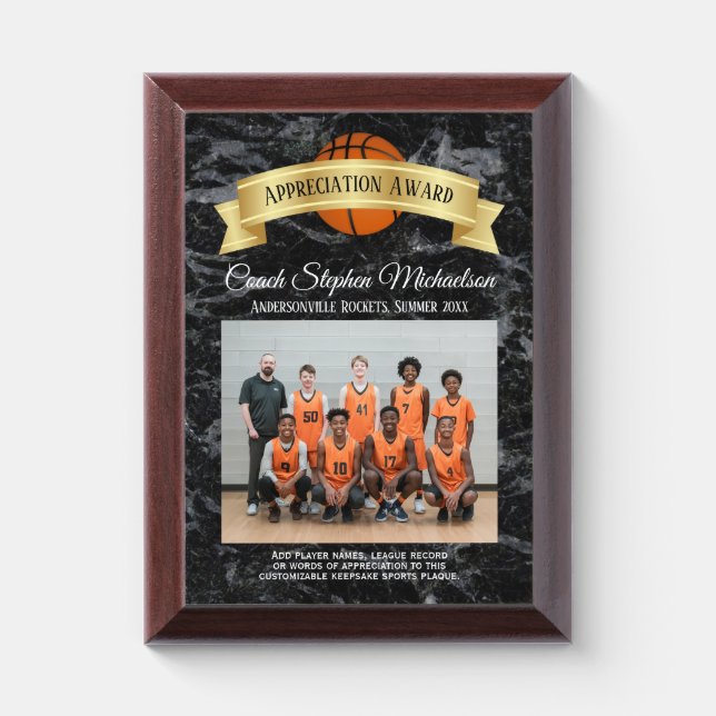 Team Photo Custom Basketball Coach Appreciation Award Plaque (Vertical)