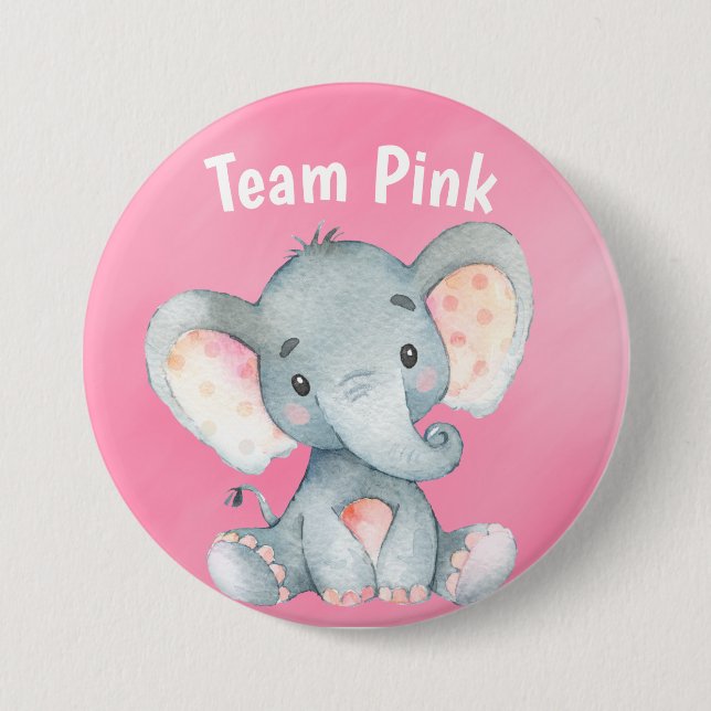 Team Pink Baby Elephant Girl Baby Shower Guess Button (Front)