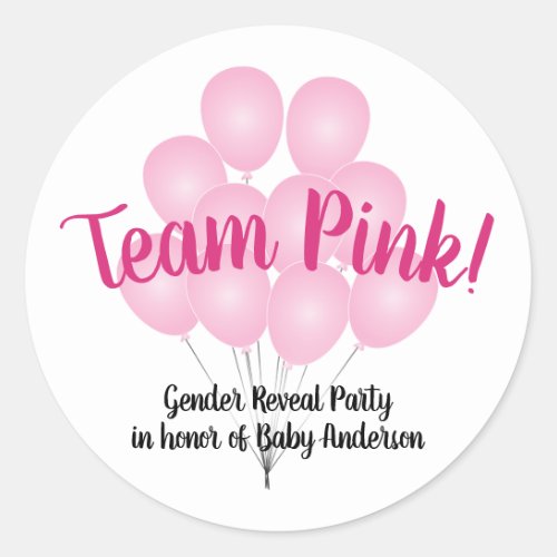 Team Pink Balloons Gender Reveal Party White Classic Round Sticker